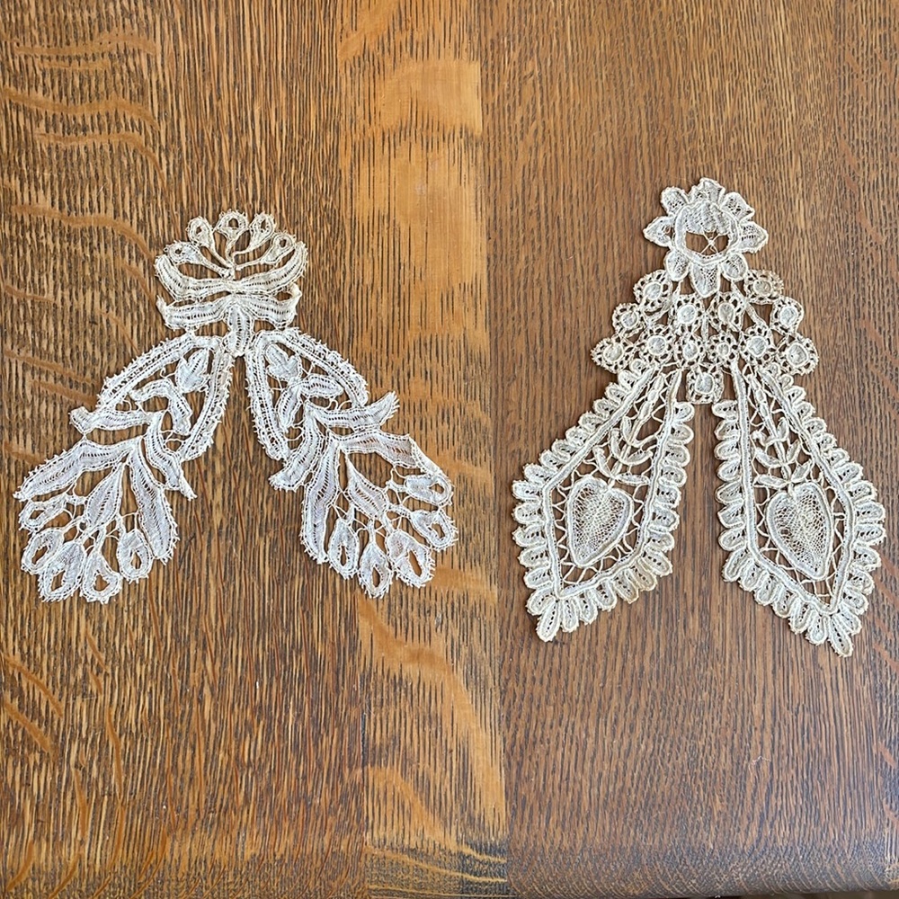 Pair of Antique Lace Appliqués | Edwardian–1930s Ecru Embroidered Collar Inserts